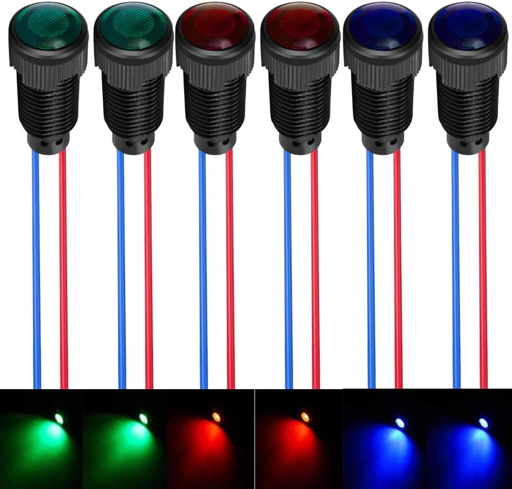 6pcs Red/Blue/Green LED Indicator Pilot Light 110VAC Mounting Hole Size 10mm(Flame Retardant Plastic Shell)