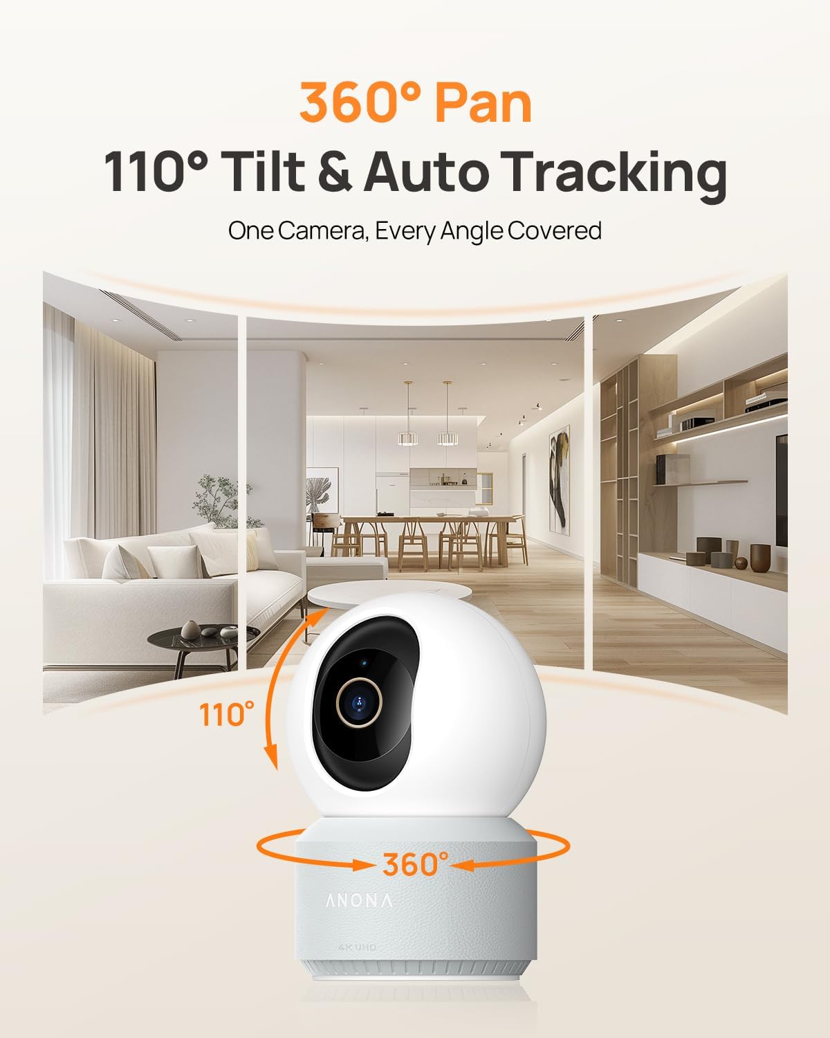 Anona 4K UHD Indoor Camera with 512GB SD Card, Pet/Dog/Baby Security Camera with Phone App, 360° Pan-Tilt, 2.4G/5G Wi-Fi 6, Auto-Tracking, Person/Pet/Baby Crying Detection, Privacy Mode, Two-Way Audio