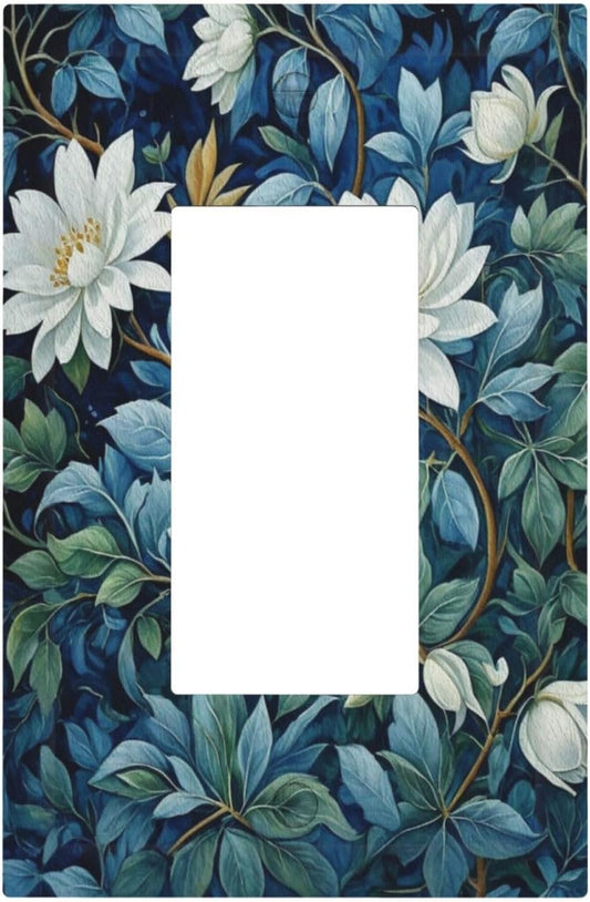 White Flowers Green Leaves Single Decora Outlet Wall Plate 1 Gang Rocker Decorative Switchplate Faceplate GFCI Light Switch Covers for Home Living Decor