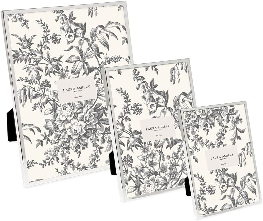 Laura Ashley 5x7 Silver Flat Metal Picture Frame (Vertical & Horizontal) w/Two-Way Easel Stand, Black Velvet Backing, Wall-Mountable, Made for Tabletop, Desk, Wall Display, Home Décor (5x7, Silver)