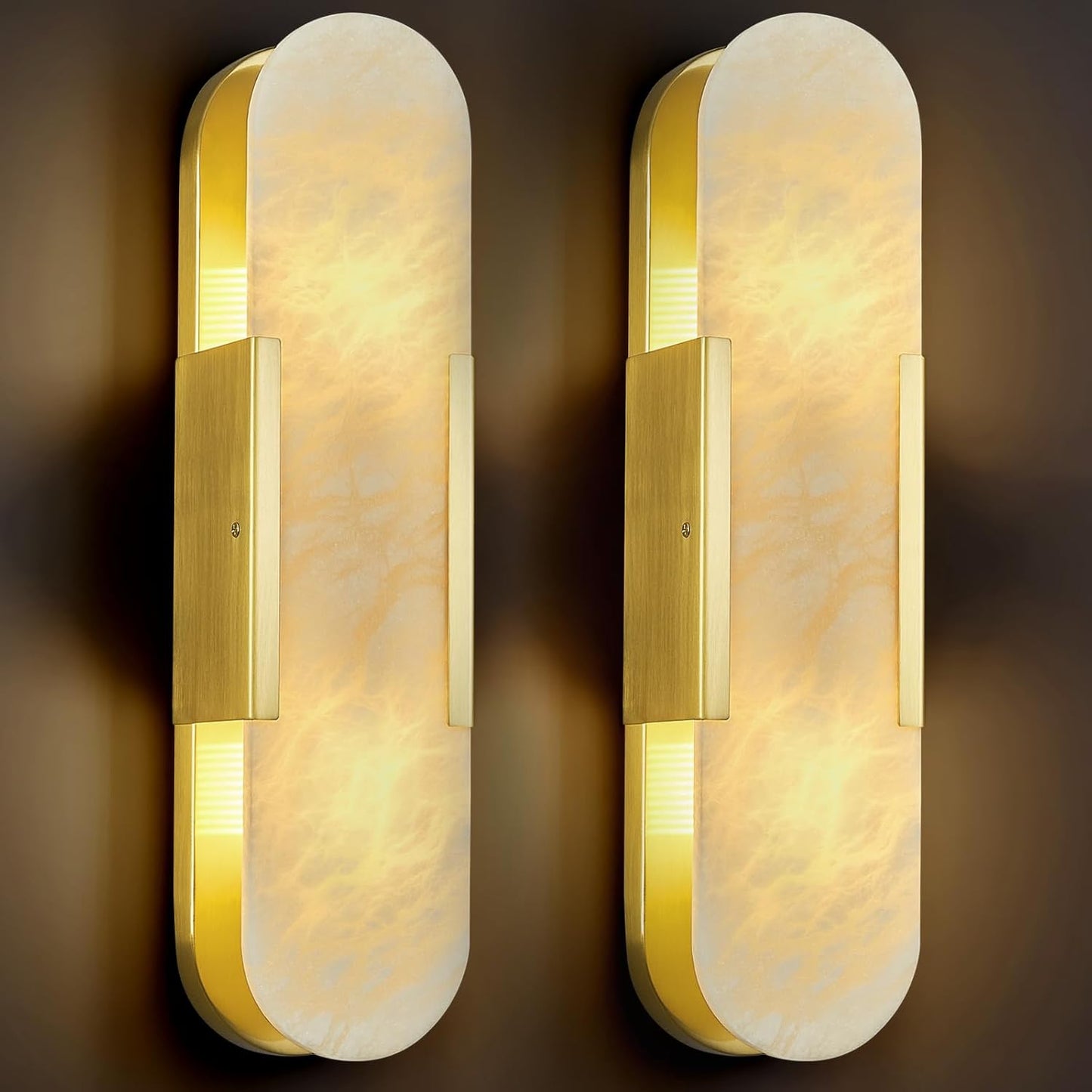 Brass Alabaster Wall Sconces Set of Two, Modern Natural Marble Wall Sconces for Indoor Lighting, 19.7 in Gold Wall Lights for Bathroom Dining Room Stairs Bedroom
