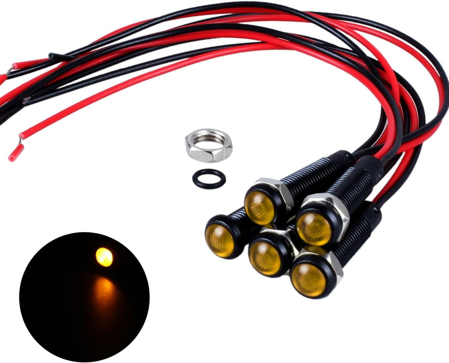 5pcs 6mm LED Indicator Light Plastic Black Signal Dot Lamp 12V-24V 1/4" Mounting Hole Size with 15cm/5.9in. Wire (Yellow LED)