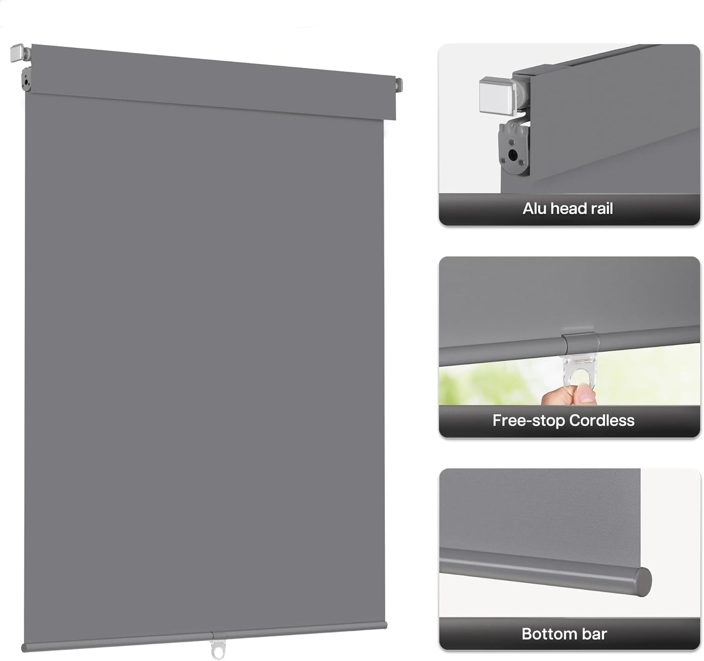 LazBlinds No Drill Blinds for Indoor Windows, Blackout Roller Shades, Cordless Window Blackout Blinds, Thermal Insulated Fabric UV Protection for Home and Office, 38" W x 72" H, Grey