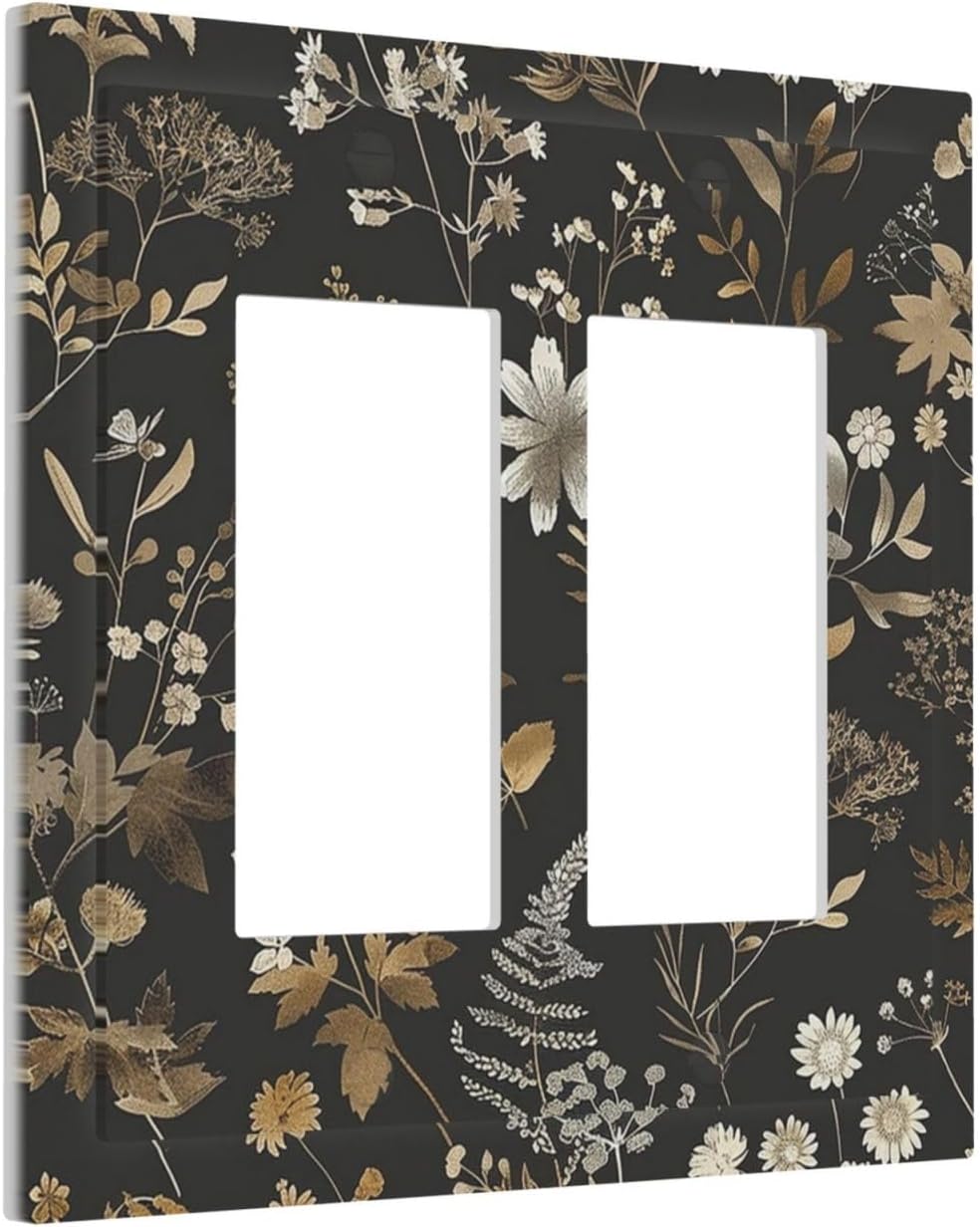 Decorative Outlet Covers Black Gold Floral Dark Leaves Vintage Flowers 2 Gang Double GFCI Rocker Electrical Wall Panels Light Switch Cover Plate for Bed Room Home Decor