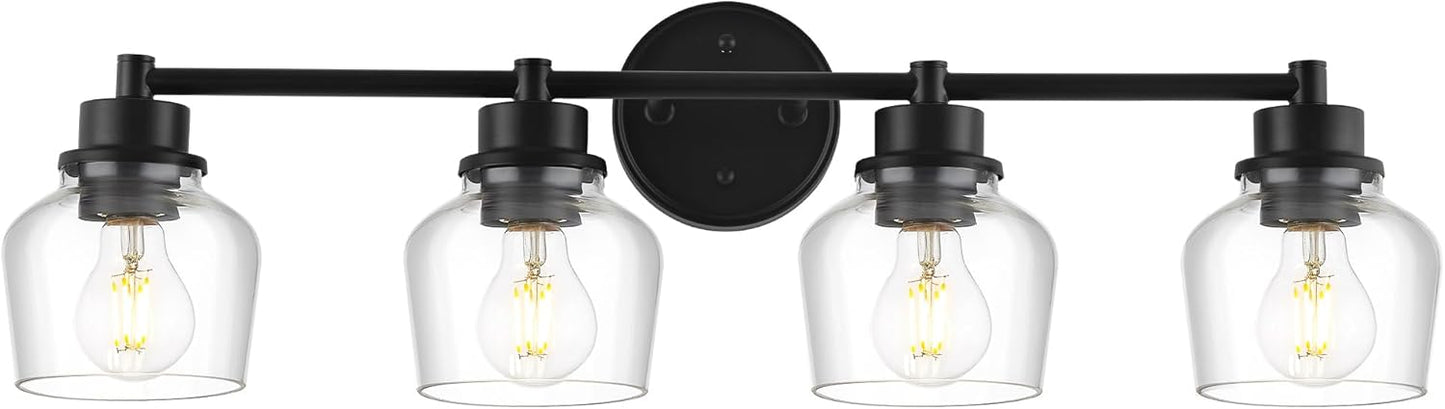 Emak 4-Light Bathroom Vanity Light, 29 Inch Black Bathroom Light Fixtures Over Mirror with Clear Glass Shade, Modern Farmhouse Vanity Lights for Mirror, Bath, VL122-BK-CG-4