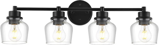 Emak 4-Light Bathroom Vanity Light, 29 Inch Black Bathroom Light Fixtures Over Mirror with Clear Glass Shade, Modern Farmhouse Vanity Lights for Mirror, Bath, VL122-BK-CG-4