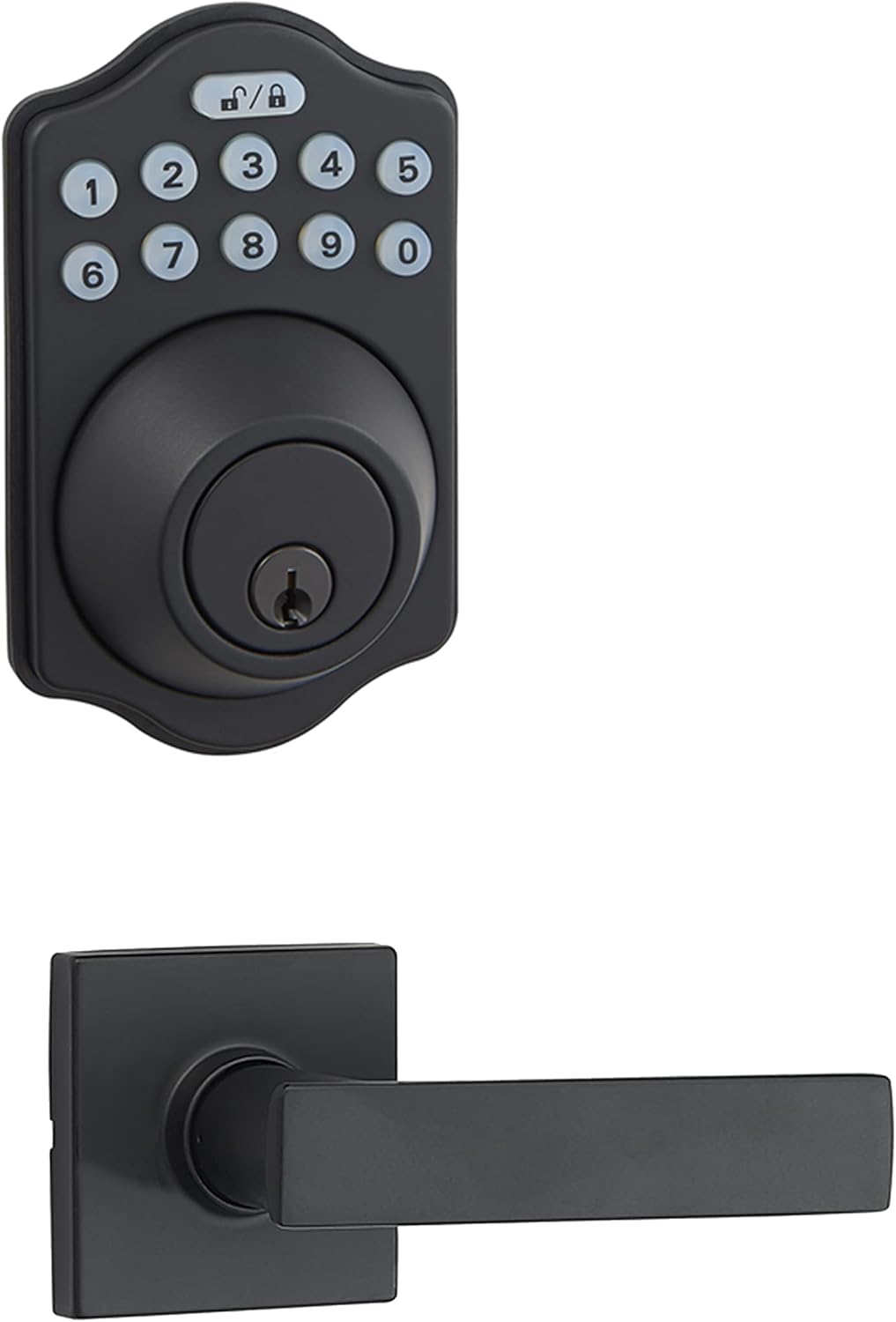 Amazon Basics Traditional Electronic Keypad, Keyless Entry Door Lock Deadbolt with Handle Set, Key Pad Front Door with Knob, Traditional Door Locks for Front Door, Door Handle, Matte Black, 1-Pack