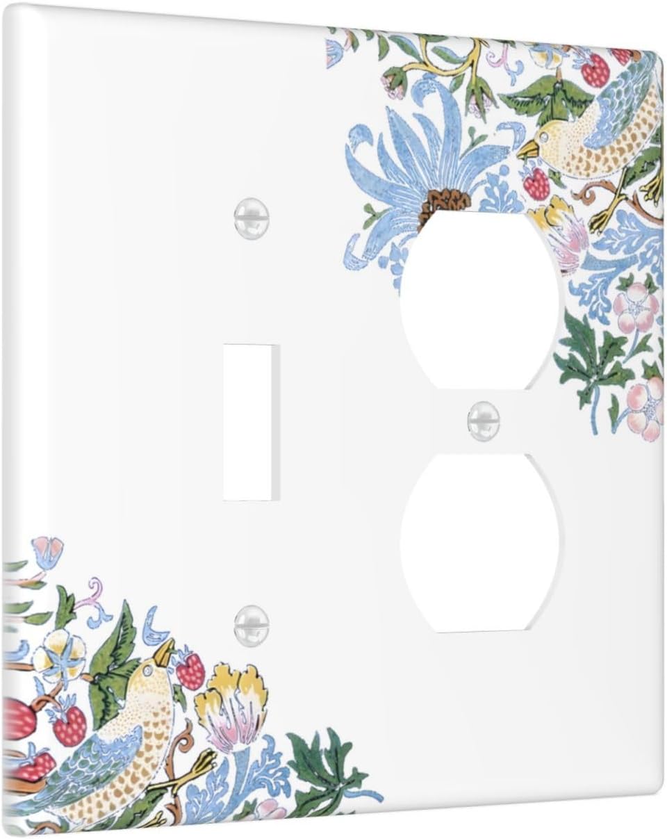 Decorative Outlet Covers Retro Morris Strawberry Rustic Plant Bird 2 Gang Wall Plate Cover Single Toggle Duplex Combo Two Switch Light Switch Cover Plate Jumbo Faceplate