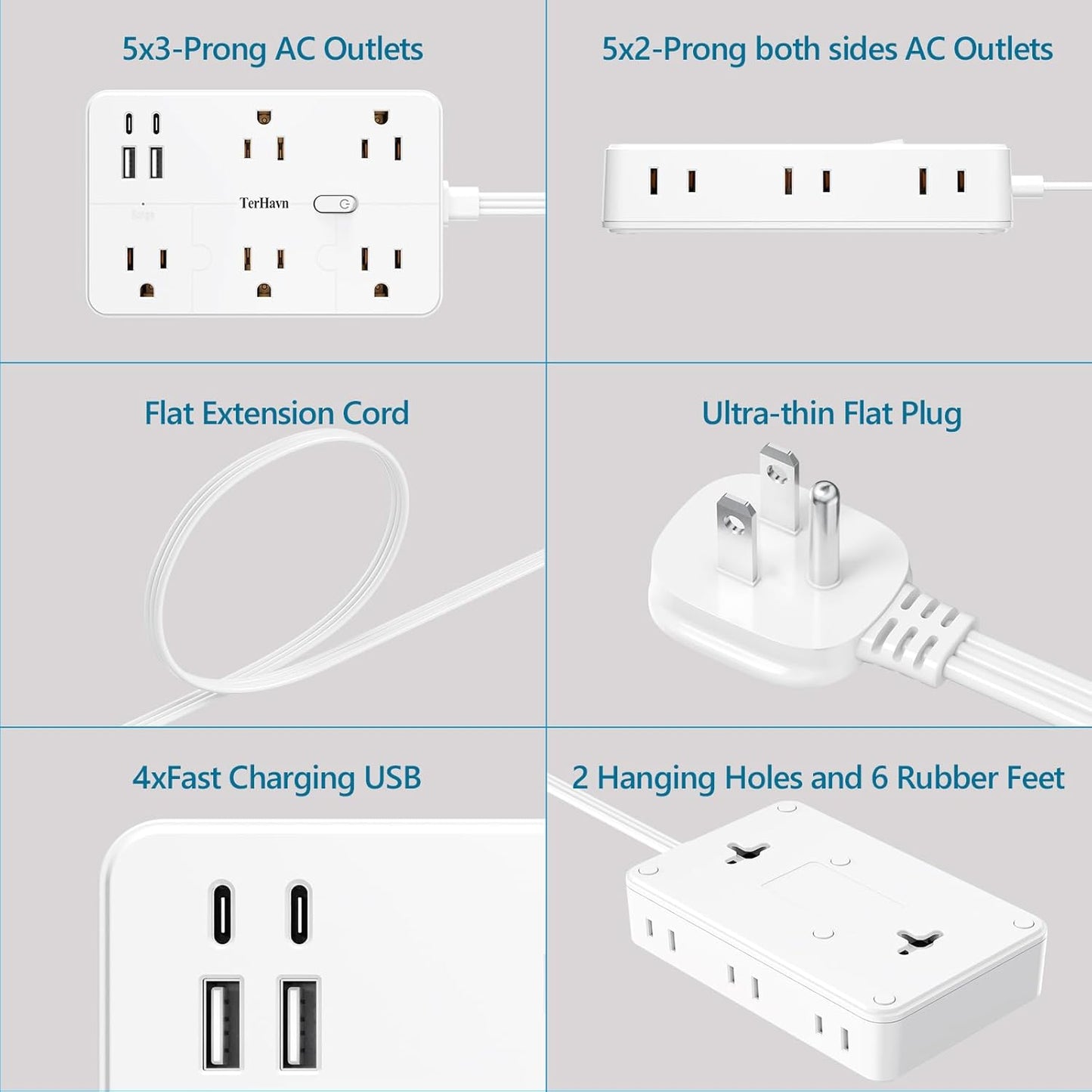 Surge Protector Power Strip 1 FT Flat Extension Cord ，10 AC Outlets & 4 USB Ports(5V/3.4A 17W), 1080J ，Wall Mountable Desktop Charging Station with Flat Plug for Office Supplies and Home, White