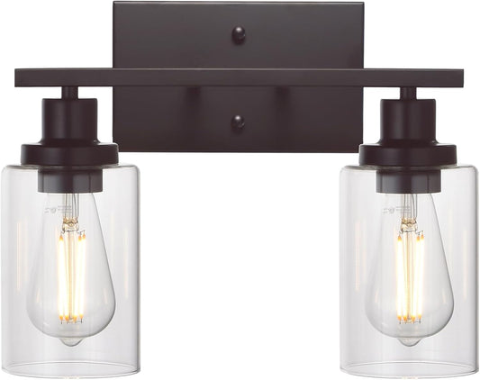 MELUCEE 2-Light Industrial Bathroom Lighting Oil Rubbed Bronze with Clear Glass Shade, Porch Light Fixtures Wall Mount Sconces for Bedroom Living Room Kitchen (Patent No.: US D963914 S)