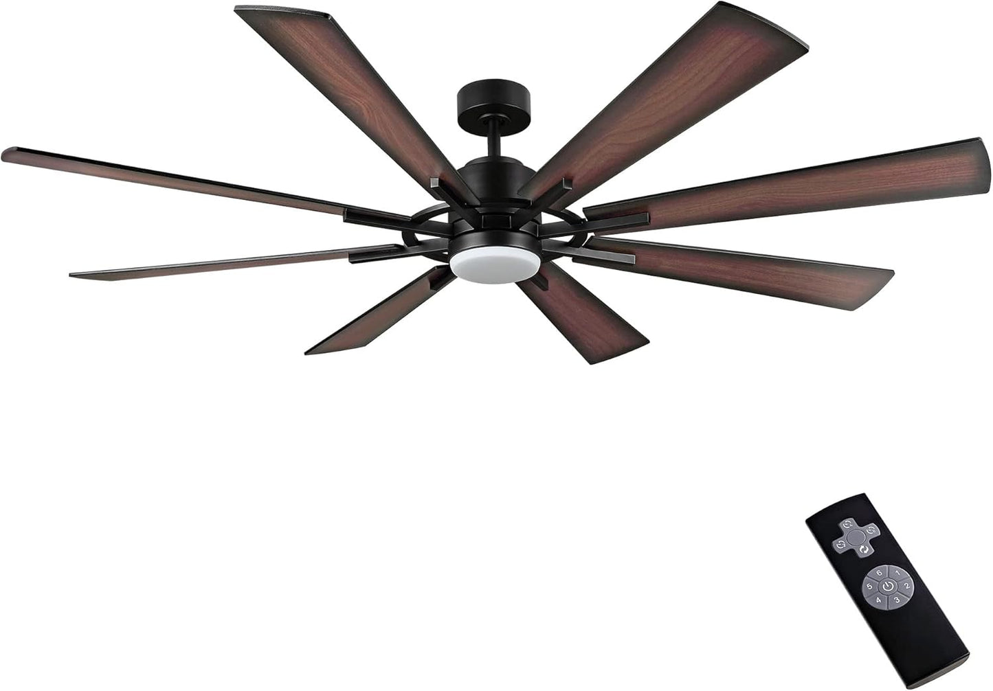 WINGBO 60" DC Ceiling Fan with Lights and Control, Matte Black Ceiling Fan with Walnut/Walnut Shadowed Reversible Blades, 6-Speed DC Motor, 8 Blade Wood Ceiling Fans for Kitchen Bedroom Living Room