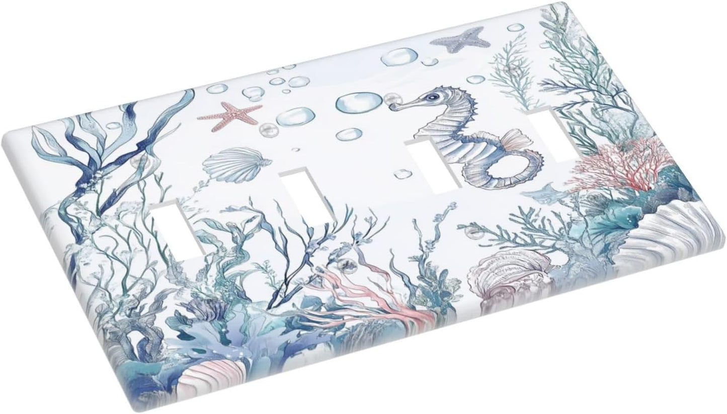 Light Switch Covers Ocean Coral Seahorse Seashell Starfish Quad Toggle Electrical Faceplate 4 Gang Wall Plate Decorative Switch Plates For Bathroom Home Decor