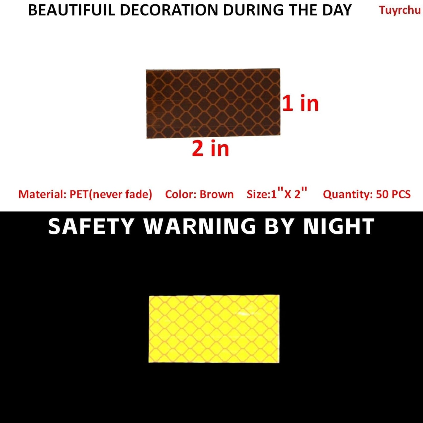 Non Fading Brown Reflective Stickers 1 inch X 2 inch, Outdoor Waterproof High Visibility Warning Safety Adhesive Reflector Tape (50 Pcs)