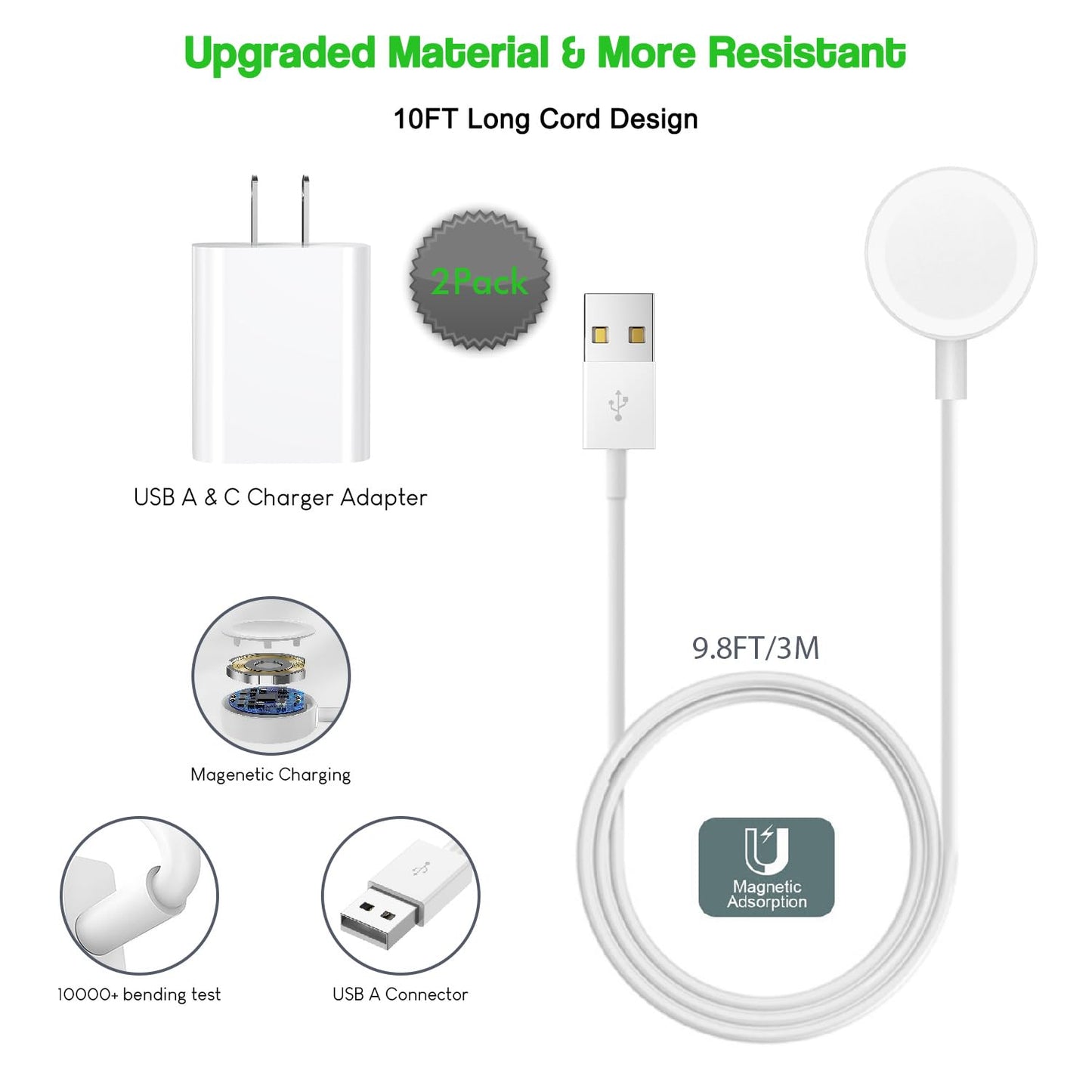 Fast Charger for Apple Watch,2 Pack USBC & A PD Wall Charger Adapter with 10FT Long USBA Magnetic Apple Watch Fast Charging Cable Portable Compatible with iWatch Series 10/9/8/7/SE/SE2/5/4/3/2/1/Ultra