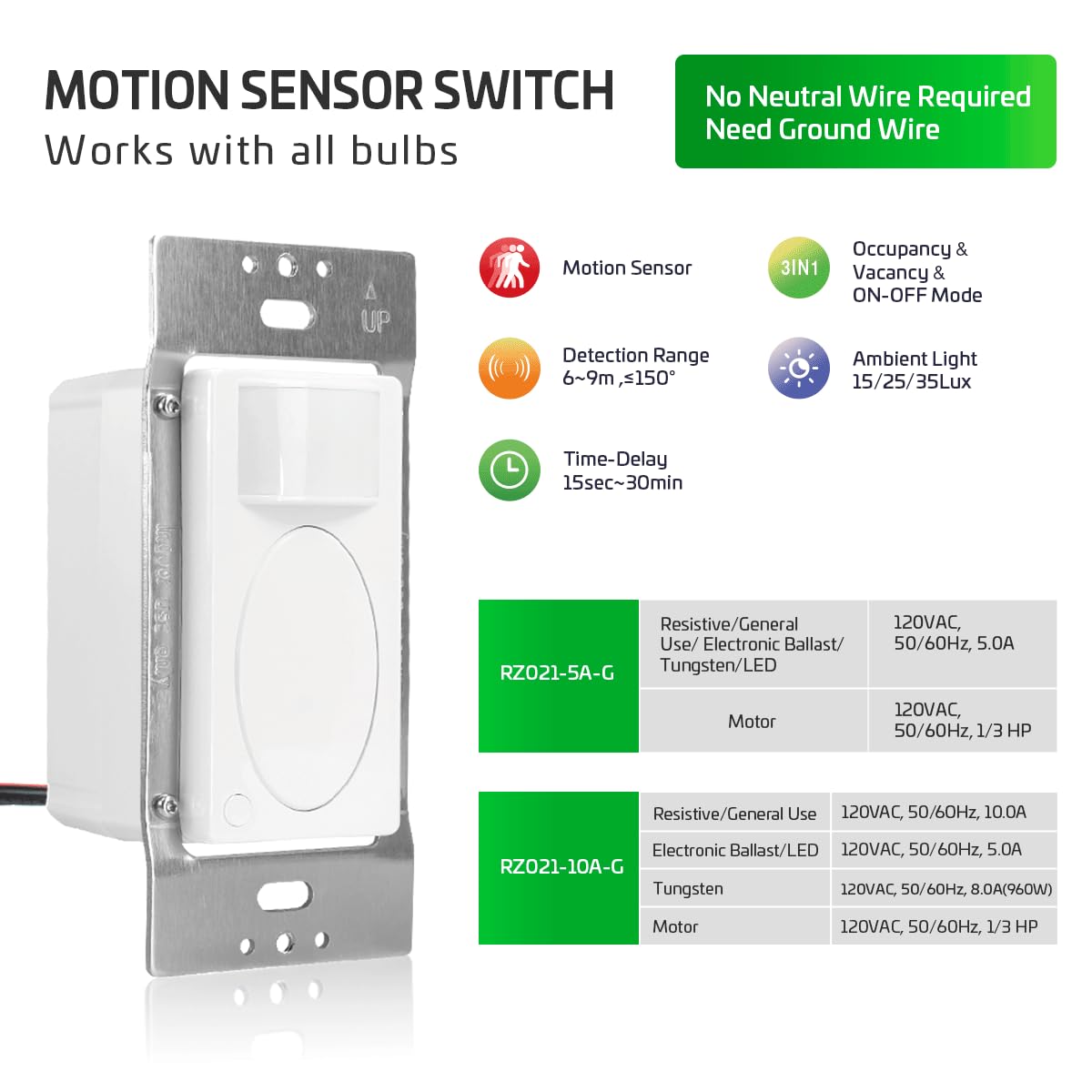 RAYZEEK PIR Motion Sensor Light Switch,Single-Pole Motion Activated Wall Switch, No Neutral Required,On/Off Override,PC Fireproof&UL Listed,2 Pack