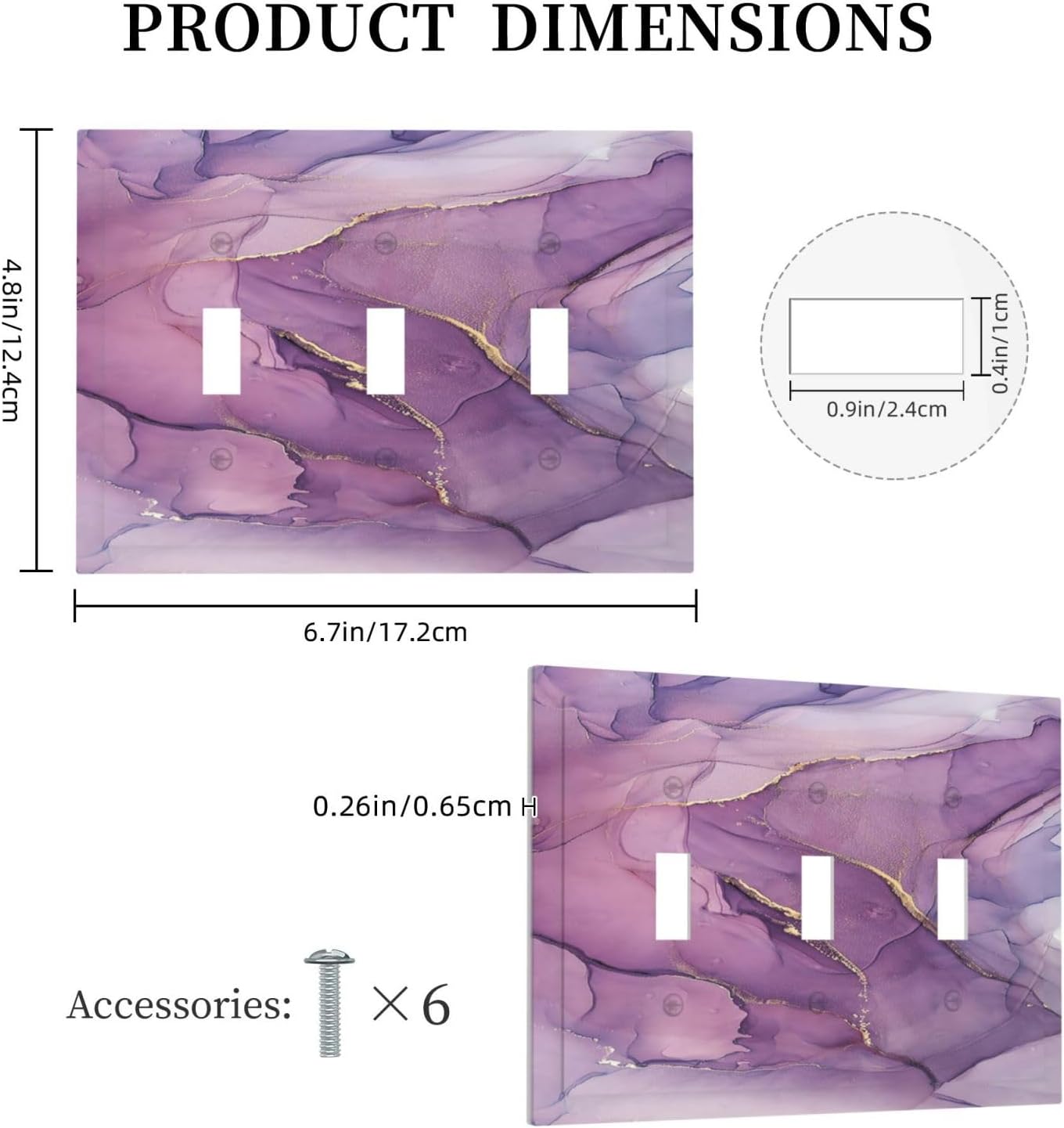 Decorative Switch Plates Purple Marbling Golden Line 3 Gang Wall Plate Triple Toggle Light Switch Cover Faceplate Electrical Wall Panels for living Room Bathroom Decor