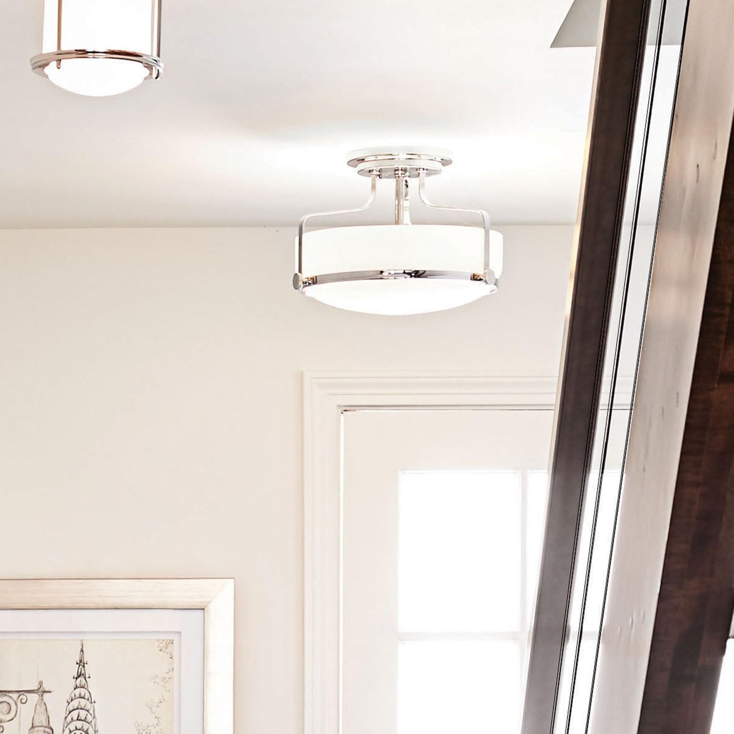 Hinkley Harper 3641CM Medium Semi-Flush Mount Ceiling Light - Sleek, Retro Style - Chrome + Etched Opal Glass