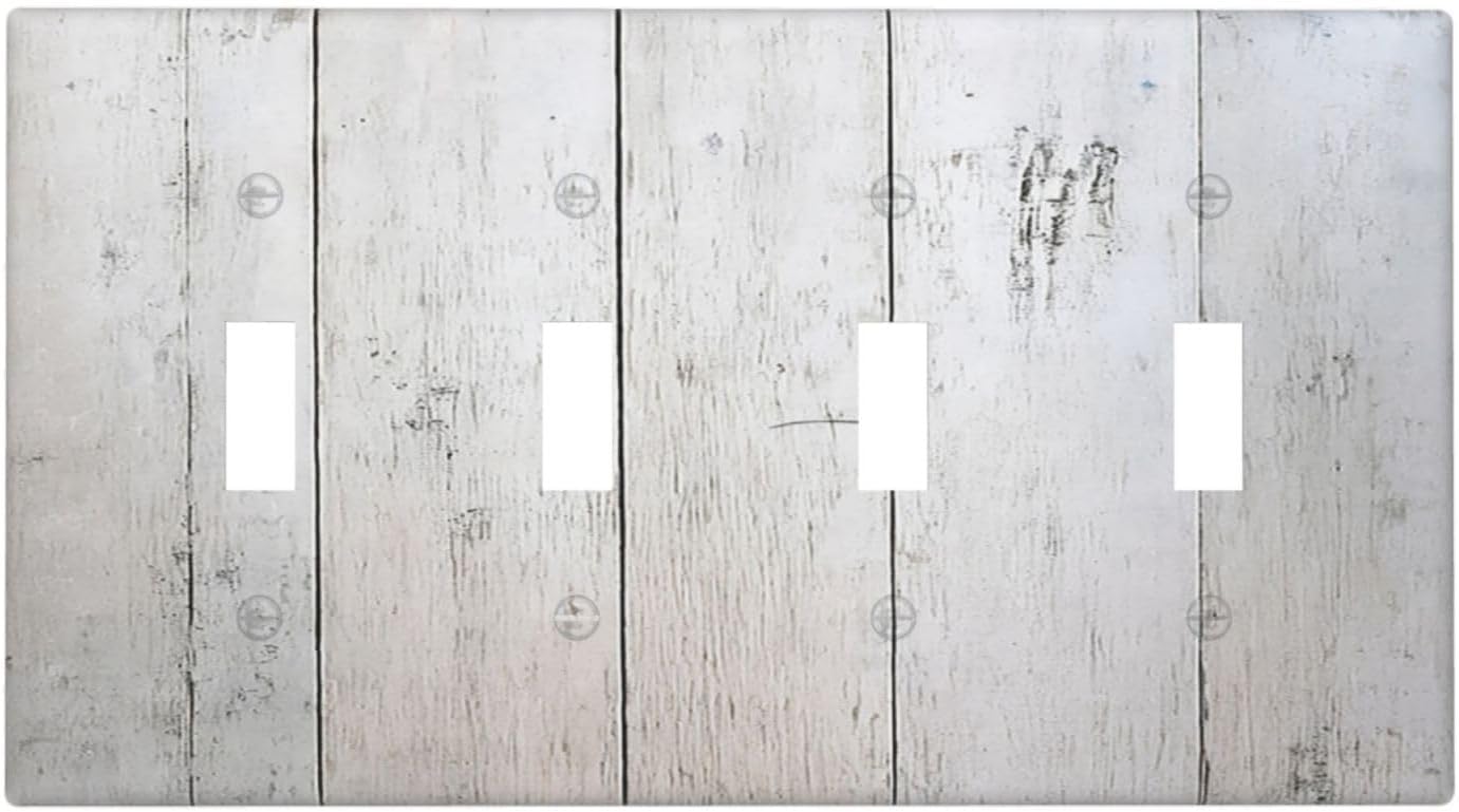 Rustic White Grey Wood Grain Light Switch Covers Quad Toggle 4 Gang Wall Plate Decorative Switch Plates Electrical Faceplate for Bedroom Bathroom Decor