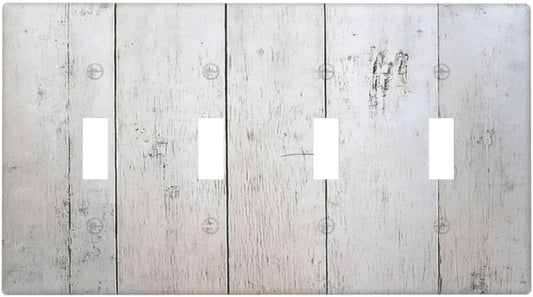 Rustic White Grey Wood Grain Light Switch Covers Quad Toggle 4 Gang Wall Plate Decorative Switch Plates Electrical Faceplate for Bedroom Bathroom Decor