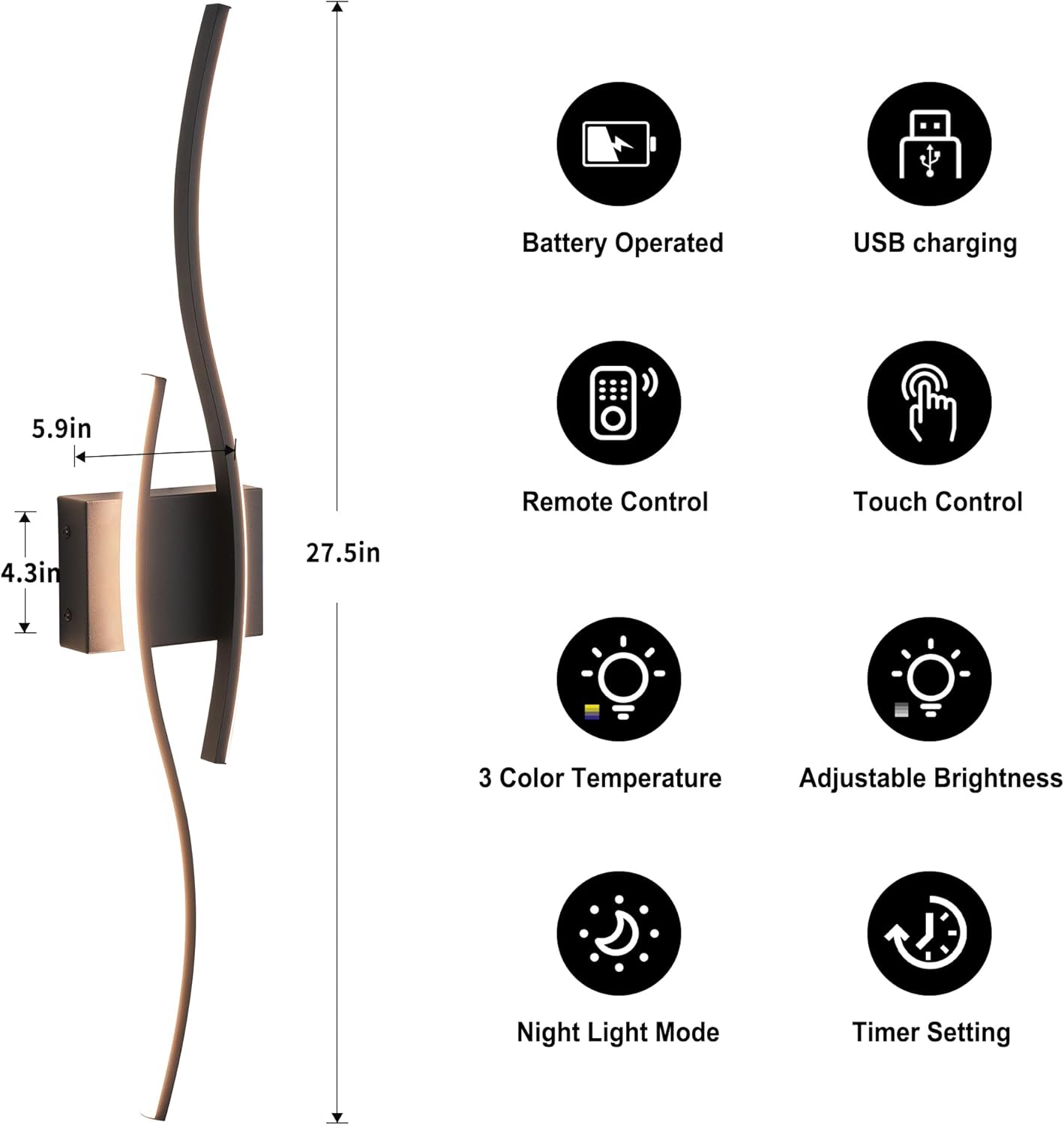 Battery Operated Wall Sconces Set of Two with Remote Control, Dimmable/3 Color/Night-Light/Timer/Memory, Black Modern Wireless LED Sconce for Living Room, Hallway, Bedroom, 27.5 Inch (2 Pack)