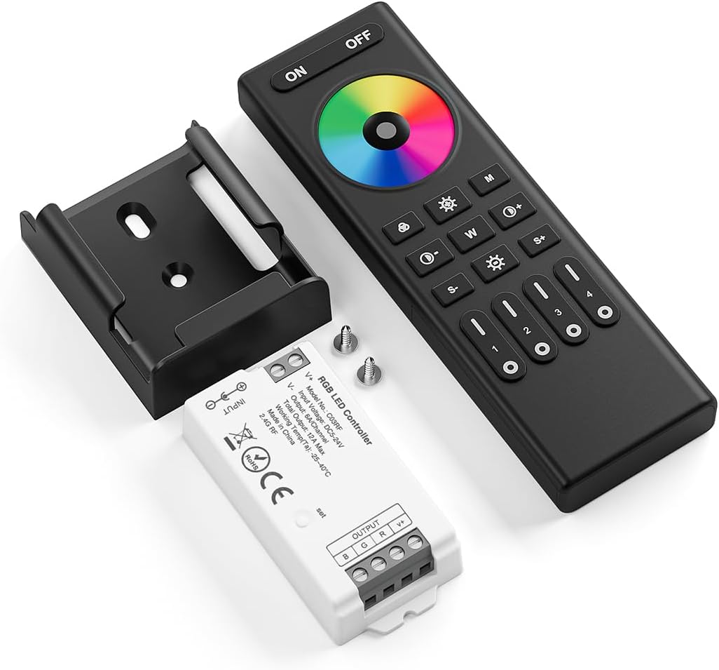 COB RGB RF 2.4GHz Wireless Remote RC03RFB & C03RF Tuya Controller Kit, 4 Zones Group Control PWM RGB (+ R G B) 4pin LED Strip Controller DC5V DC12V DC24V Max 12A