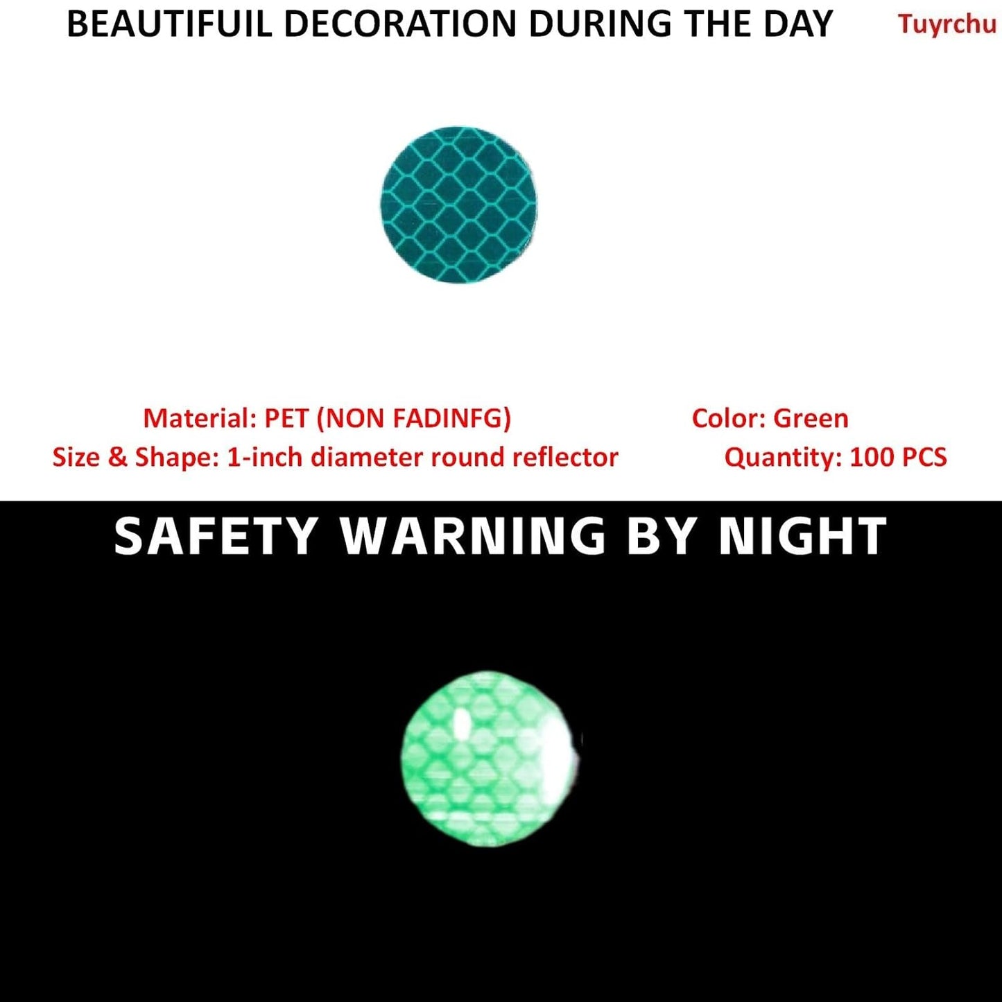 Non Fading Green Reflective Stickers 1-inch Diameter Round Reflector, Outdoor Waterproof High Visibility Warning Adhesive Tape (100 Pcs)