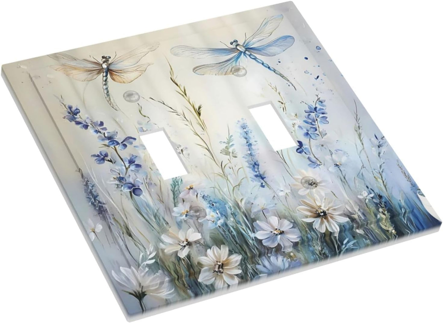 Decorative Light Switch Cover Plate Watercolor Dragonfly Blue Wihte Flower 2 Gang Outlet Covers Double Toggle Wall Plates for Electrical Outlets Switch Plate Covers Faceplate for Home Decor