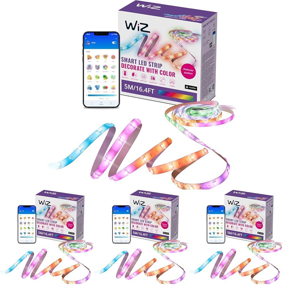 WiZ Connected 16.4 ft LED Light Strip for Your Smart Home - Flowing Multicolor LED, Color-Changing, Cuttable - Voice/App Control - Works with Google Home, Alexa and HomeKit (Pack of 4)