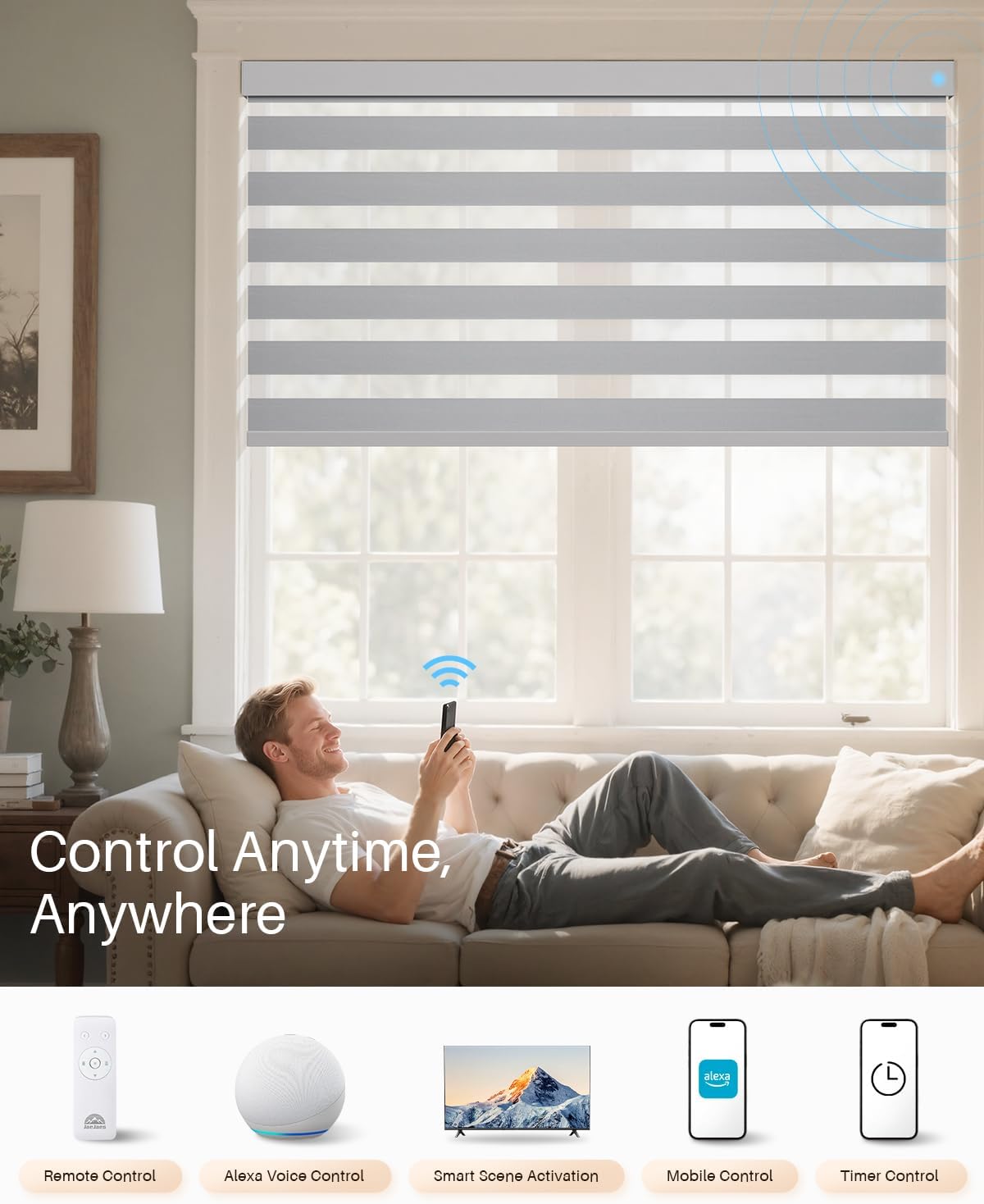 Smart Zebra Blinds for Windows, Alexa Motorized Blinds with Remote Control, Automatic Electric Power Zebra Shades for Indoor Windows (40" W x 72" H,Gray)