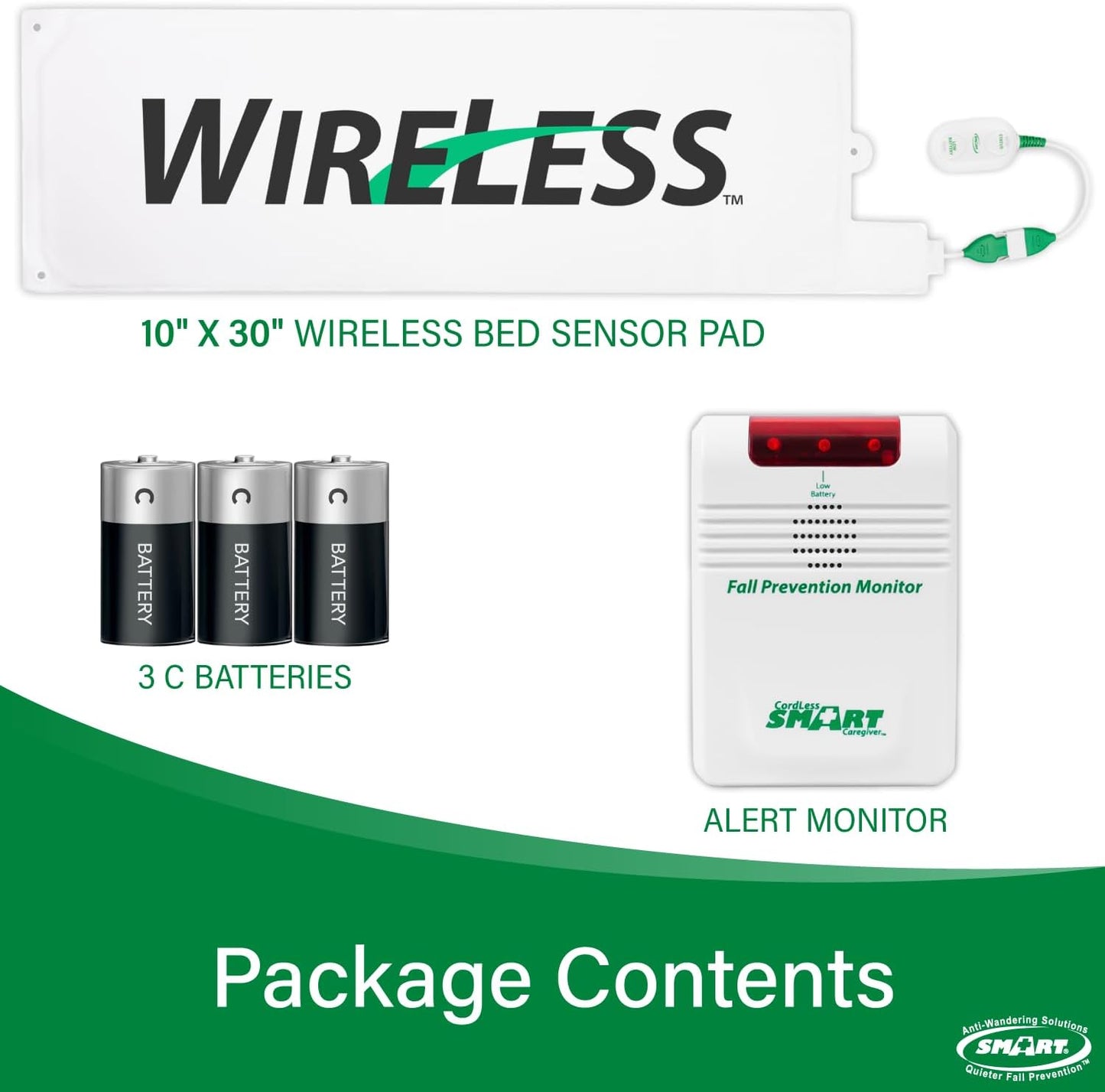 Smart Caregiver Wireless Bed Alarm System - Cordless Weight Sensing Bed Alarm Pad (10” x 30”) with Remote Alert Monitor, Free Individual Cleaning Wipes and Liberty 7 Day Pill Box