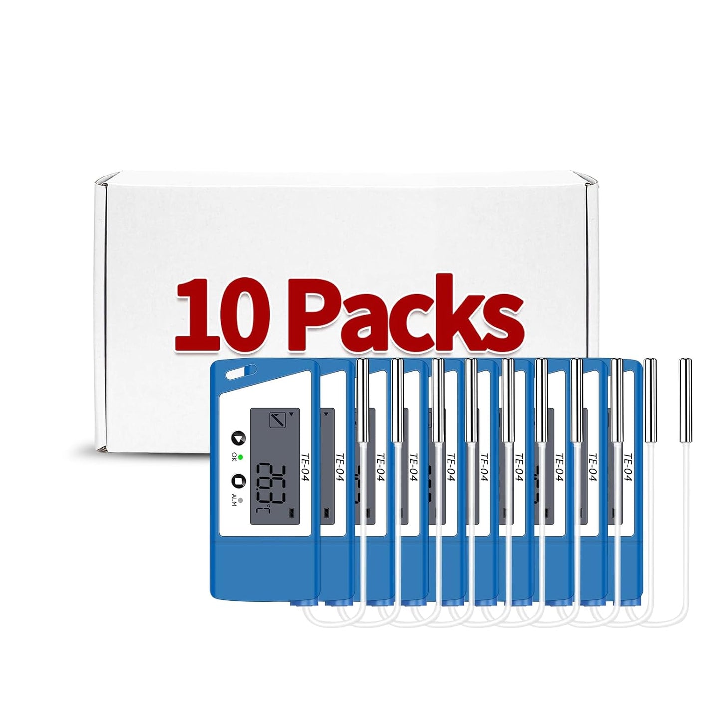 TE-04 10 pcs Temperature Data Logger with External Probe, Large Display,Pause Recording Function, Auto PDF& CSV Report, 35,000 Points, Temperature Recorder for Cold Chain Shipping Vaccine Storage