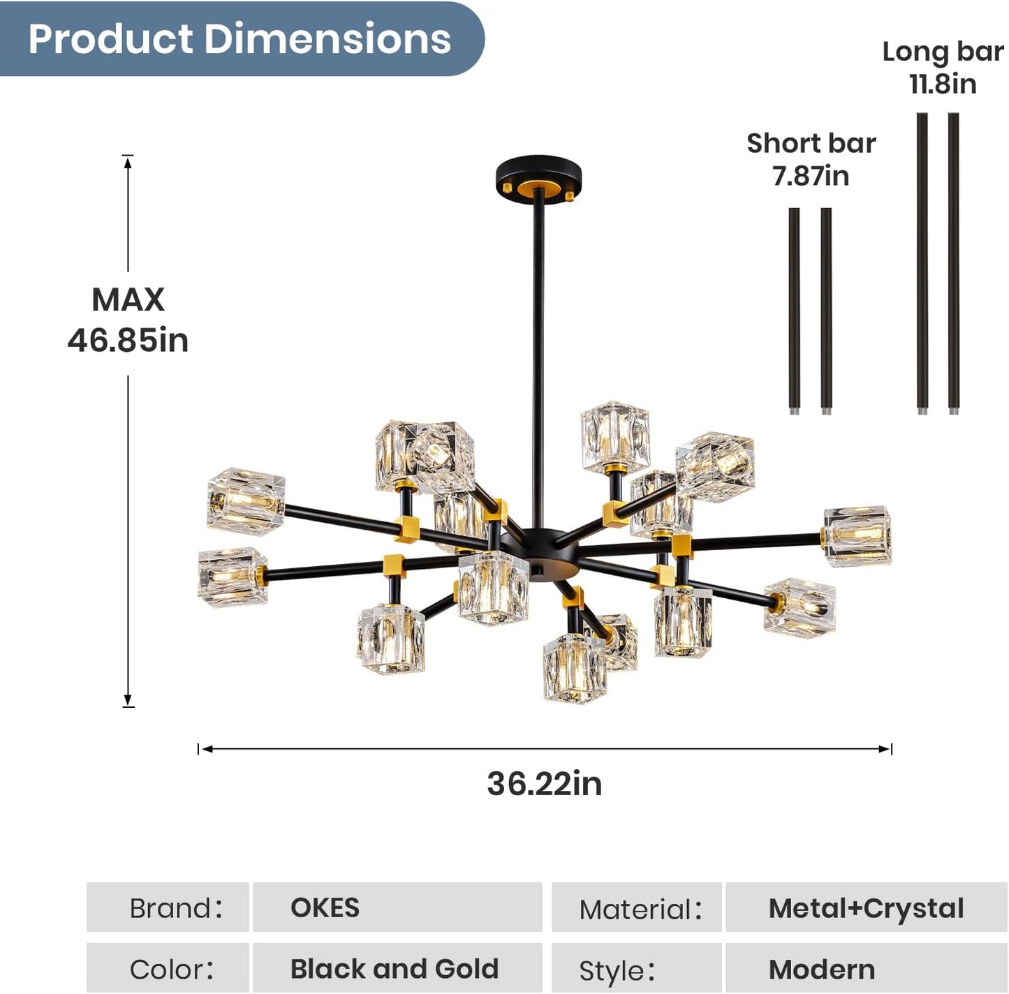 Sputnik Chandeliers with16-Light,Modern Black and Gold Crystal Chandelier, Mid Century Ceiling Light Fixture for Dining Room, Kitchen Island,Foyer,Living Room,Bedroom