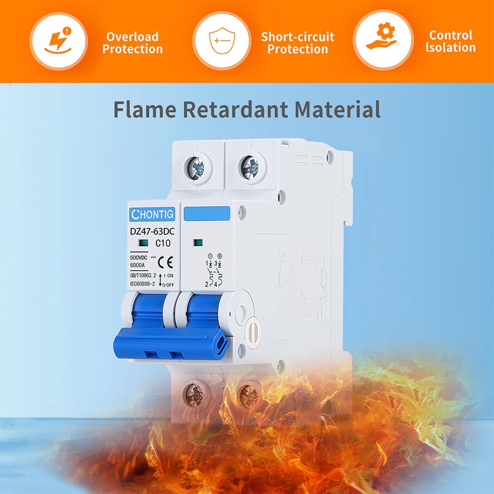 10 Amp Miniature DC Circuit Breaker 500V 2 Pole, Solar PV Disconnect Switch with Thermal Magnetic Trip, DIN Rail Mount Isolator C10