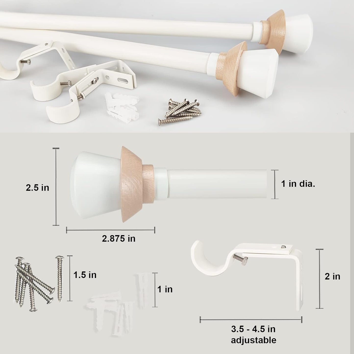 Nordic Style White Single Curtain Rod Set with Decorative Finials, 36-72 inch, Standard Single Drapery Rod for 1 Pack, 1 Inch diameter, Adjustable Length (36-72'', White)