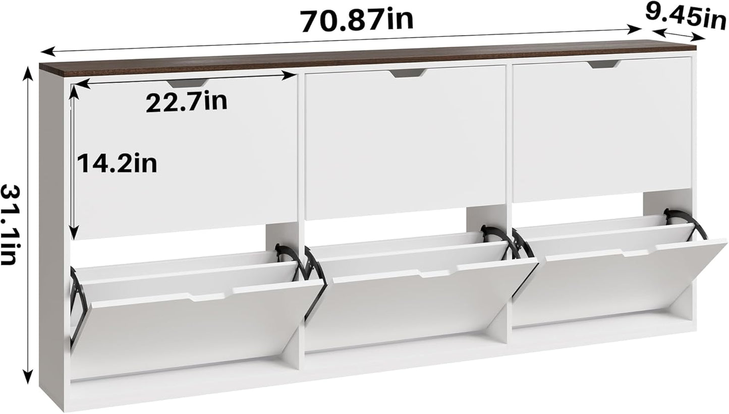 70.9" W Large Shoe Storage Cabinet with 6 Flip Drawers, White Shoe Organizer Cabinet for Up to 36 Pairs, Narrow Shoe Cabinet for Entryway, Hallway, Living Room