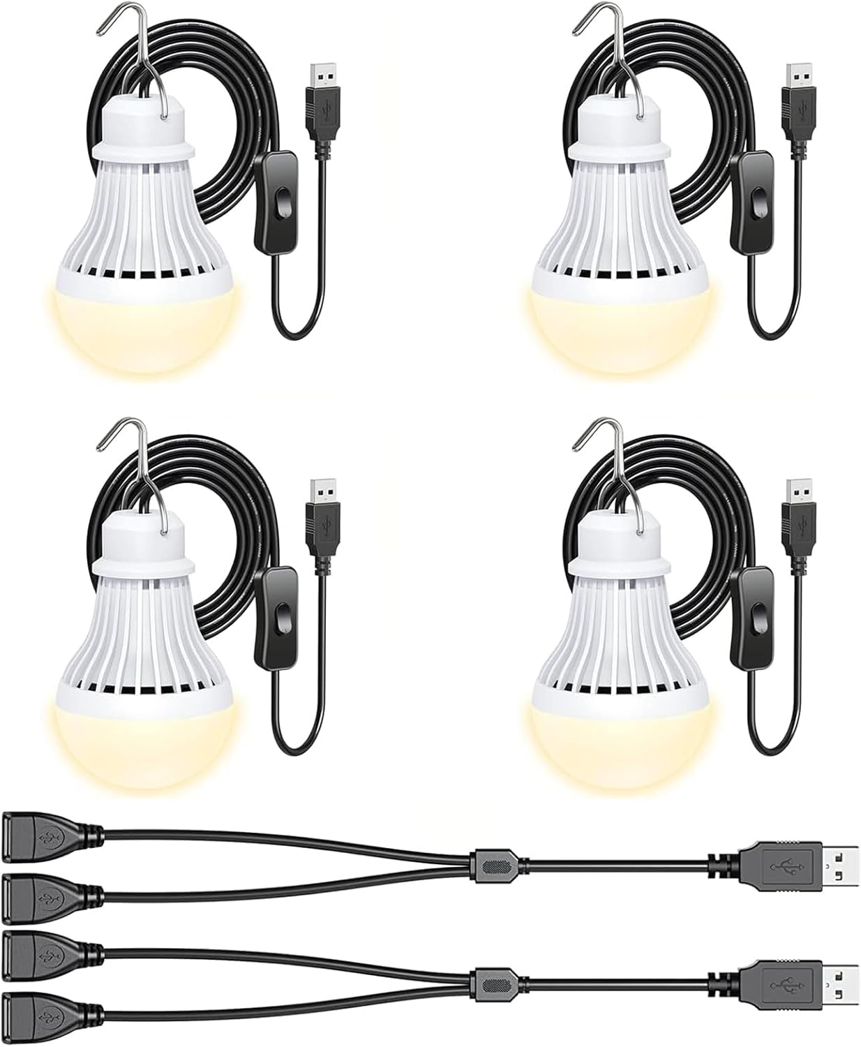 4 Pack USB Light Bulb, USB LED Camping Light Lantern, 8.2 ft Extra Length Cord Tent Light with USB Y-Cable, Portable LED Bulb for Garage Warehouse Car Truck Fishing Boat Room Emergency Light, Warm