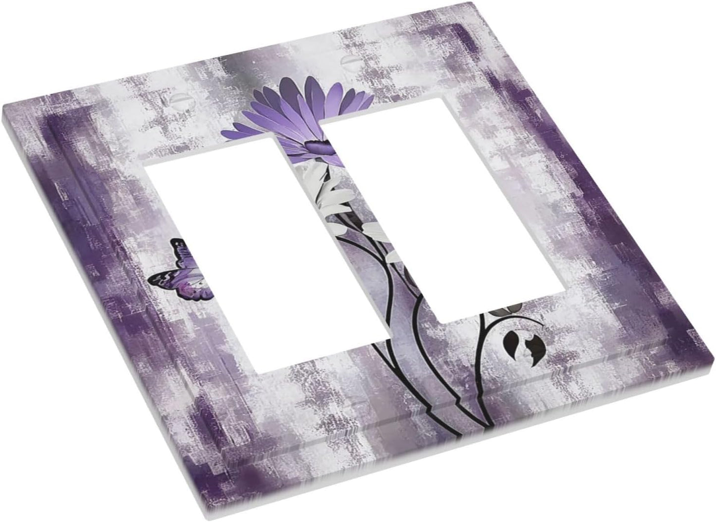 Purple Daisy White Floral Butterfly Flowers Outlet Covers Light Switch Cover Plate 2 Gang Double Rocker Wall Plates Decorative Switch Plates Plug Cover Electrical GFCI Receptacle for Home 4.9 X 5 IN