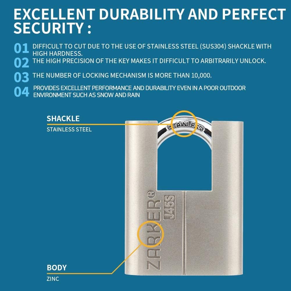 J45S keyed Alike Padlocks, Heavy Duty Stainless Steel Shackle Lock, 36 Keys, Waterproof and Rustproof Storage, Warehouses, Garage, Outdoors, 12-Pack