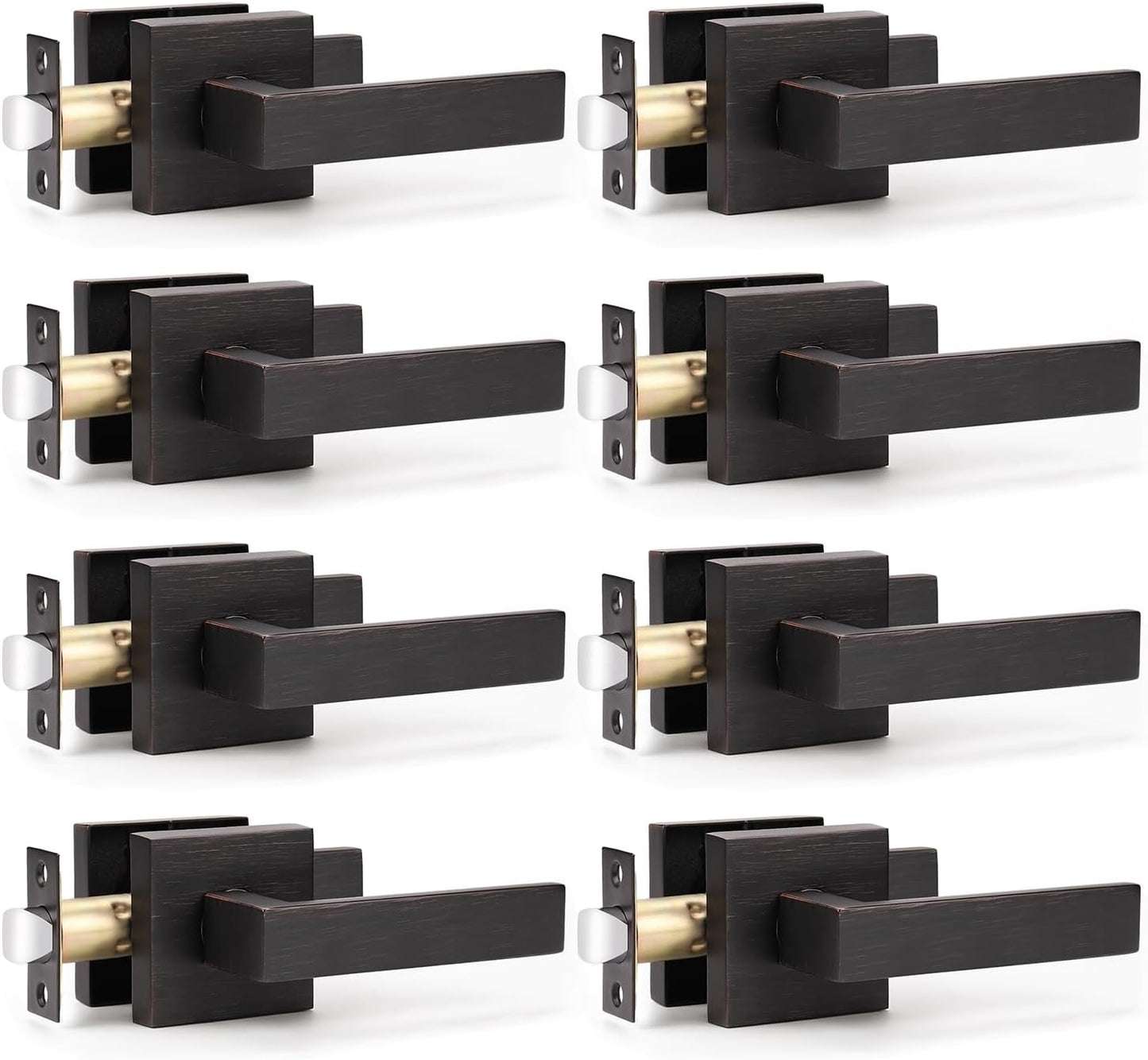 KNOBWELL 8 Pack Passage Door Handle Interior, Oil Rubbed Bronze Door Handles for Closet/Hallway Without Lock, Pull Only Square Door Knob with Levers