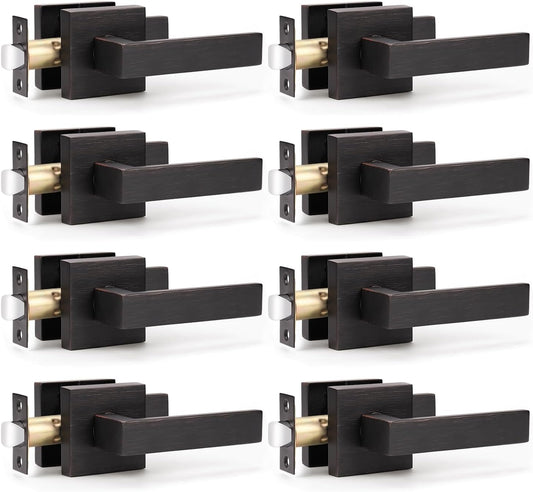 KNOBWELL 8 Pack Passage Door Handle Interior, Oil Rubbed Bronze Door Handles for Closet/Hallway Without Lock, Pull Only Square Door Knob with Levers
