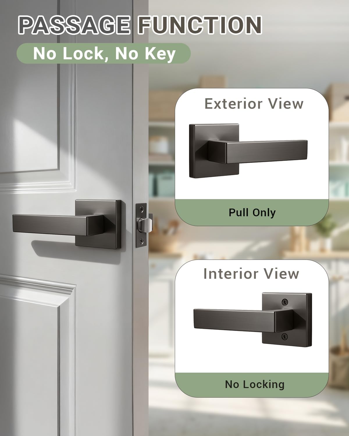 KNOBWELL 2 Pack Door Handles Interior Passage Doorknob with Straight Lever Gunmetal Black Hallway Closet Door Handles