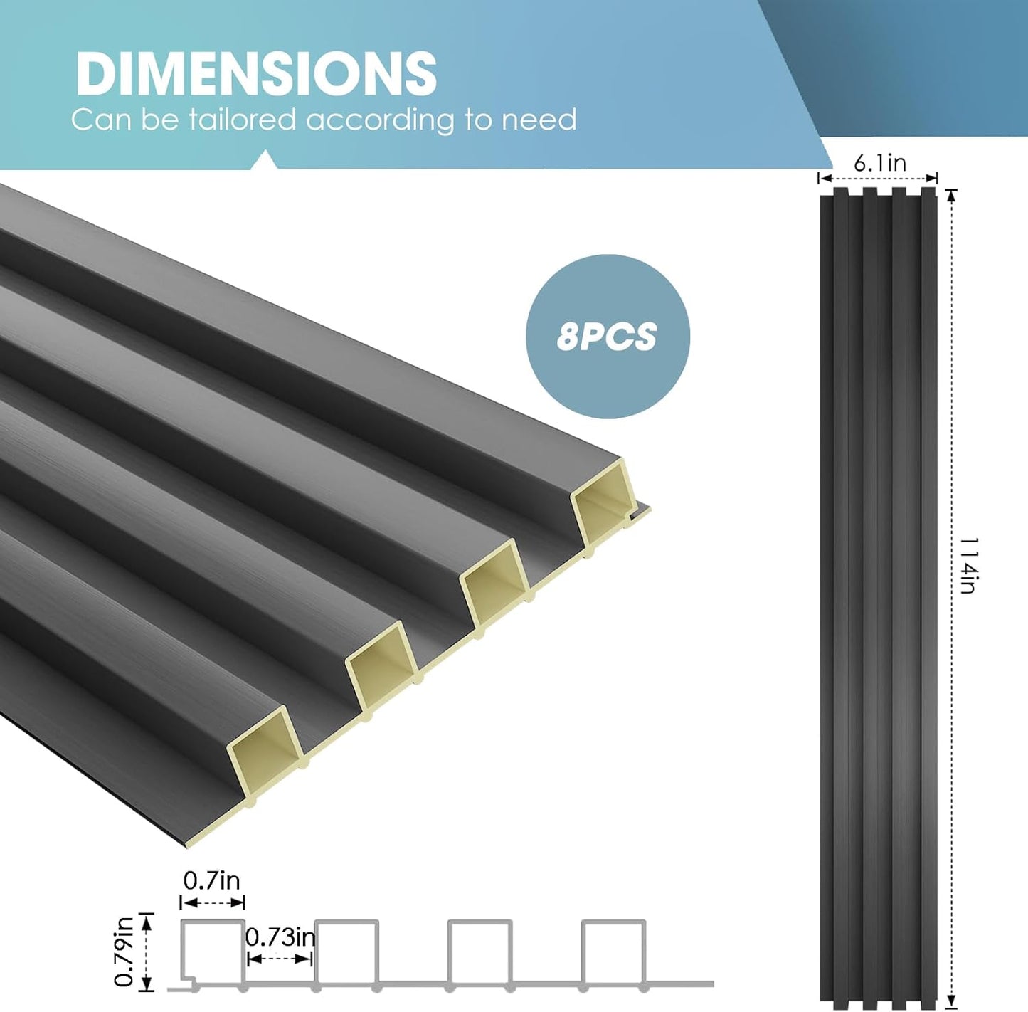 OUZUGIE WPC Acoustic Slat Wall Paneling, 8-Pack 114 x 6 Inches 3D Wall Panels for Interior Wall Decor,Living Room,TV Background,Study Room,Office Spaces,Bedroom,High Grille (Metallic Dark Gray)