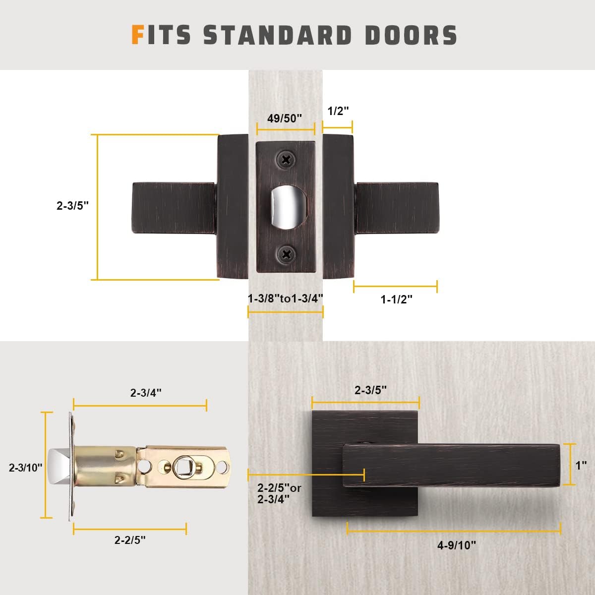 KNOBWELL 8 Pack Passage Door Handle Interior, Oil Rubbed Bronze Door Handles for Closet/Hallway Without Lock, Pull Only Square Door Knob with Levers