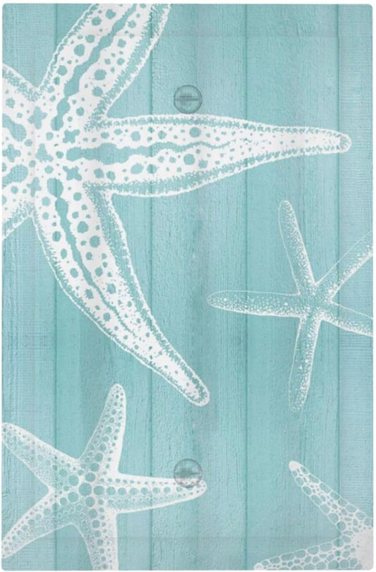 Decorative Light Switch Cover Plate Starfish Teal Wood Board Nautical 1 Gang No Device Single Blank Outlet Covers Wall Plates for Electrical Outlets Faceplate for Bedroom Home Decor