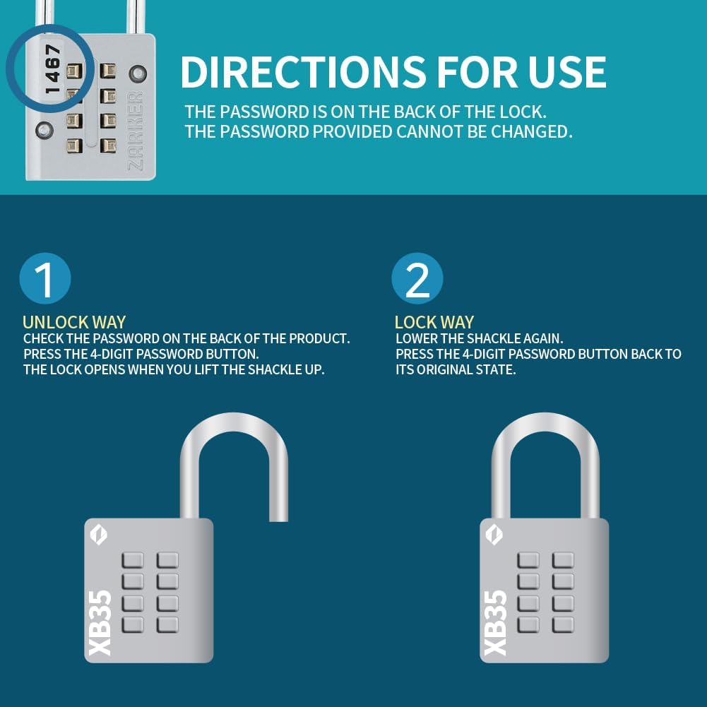 XB35 8-Digit Push Button Combination Padlock, 4 Digit Locking Mechanism, (2-Pack, Pink)