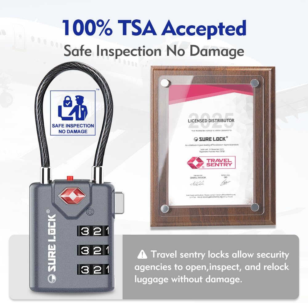 SURE LOCK TSA Compatible Travel Luggage Locks, Inspection Indicator, Easy Read Dials TSA Approved with Zinc Alloy Grey 2 Pack