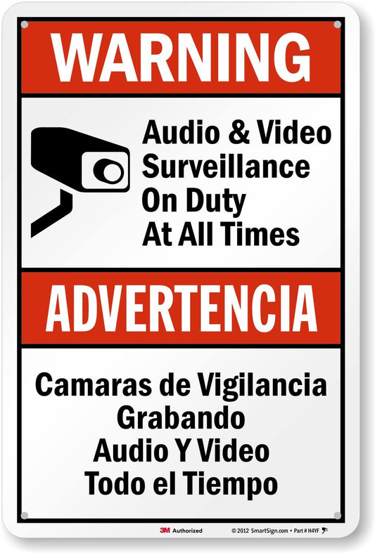 SmartSign 18 x 12 inch “Warning - Audio & Video Surveillance On Duty At All Times” Bilingual Sign, 63 mil Aluminum, 3M Laminated Engineer Grade Reflective Material, Red, Black and White, USA-Made