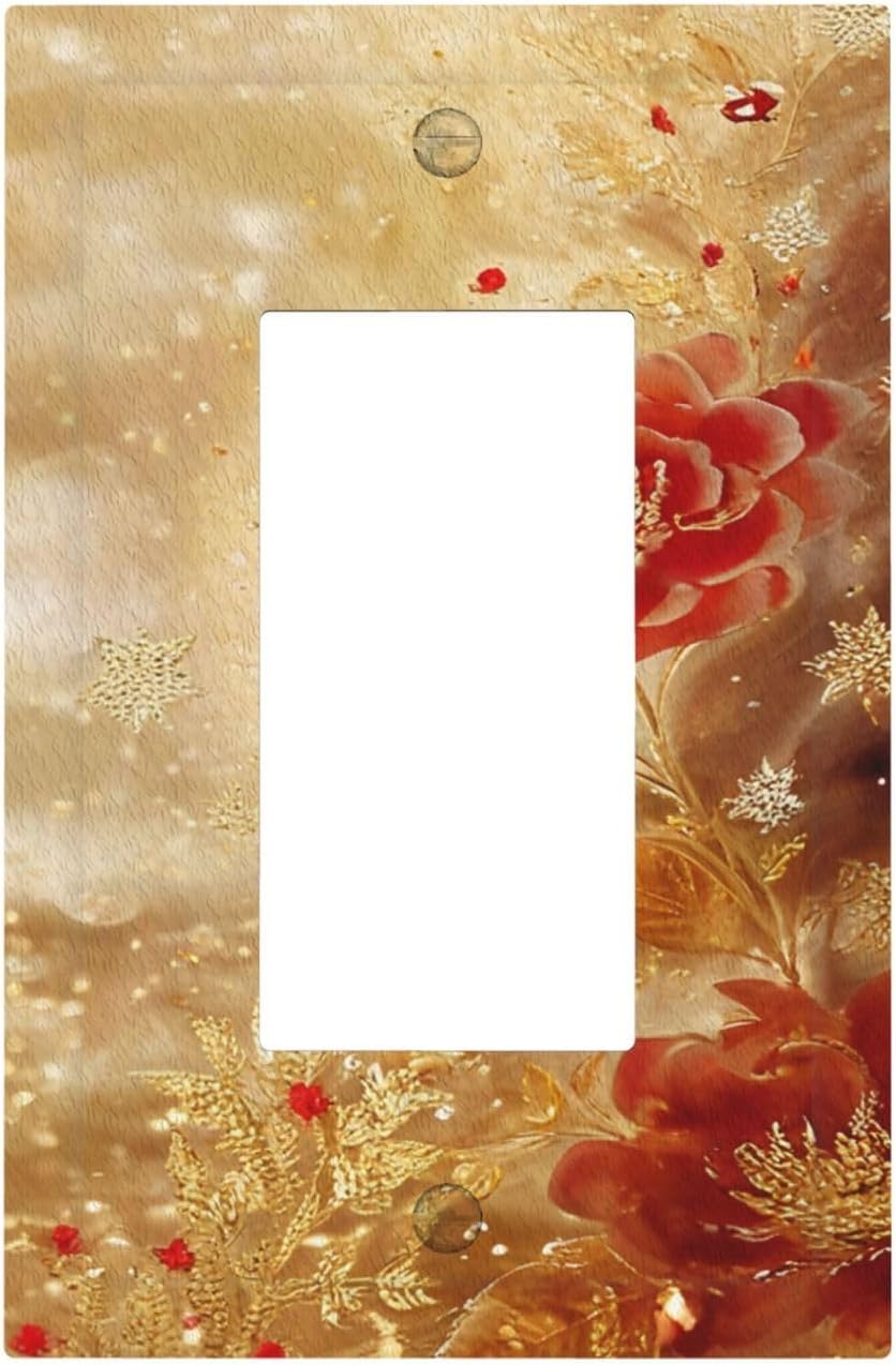 Decorative Outlet Covers Golden Leaf Red Peony Flowers Floral 1 Gang Single Decora GFCI Device Light Switch Covers Plate 1 Rocker Wall Plate Jumbo Faceplate for Home Decor