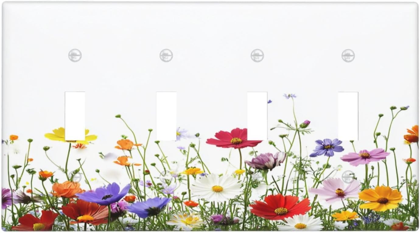 Light Switch Covers Colorful Wildflowers Plant Floral Daisy Quad Toggle Electrical Faceplate 4 Gang Wall Plate Decorative Switch Plates For Bed Room Living Room Decor