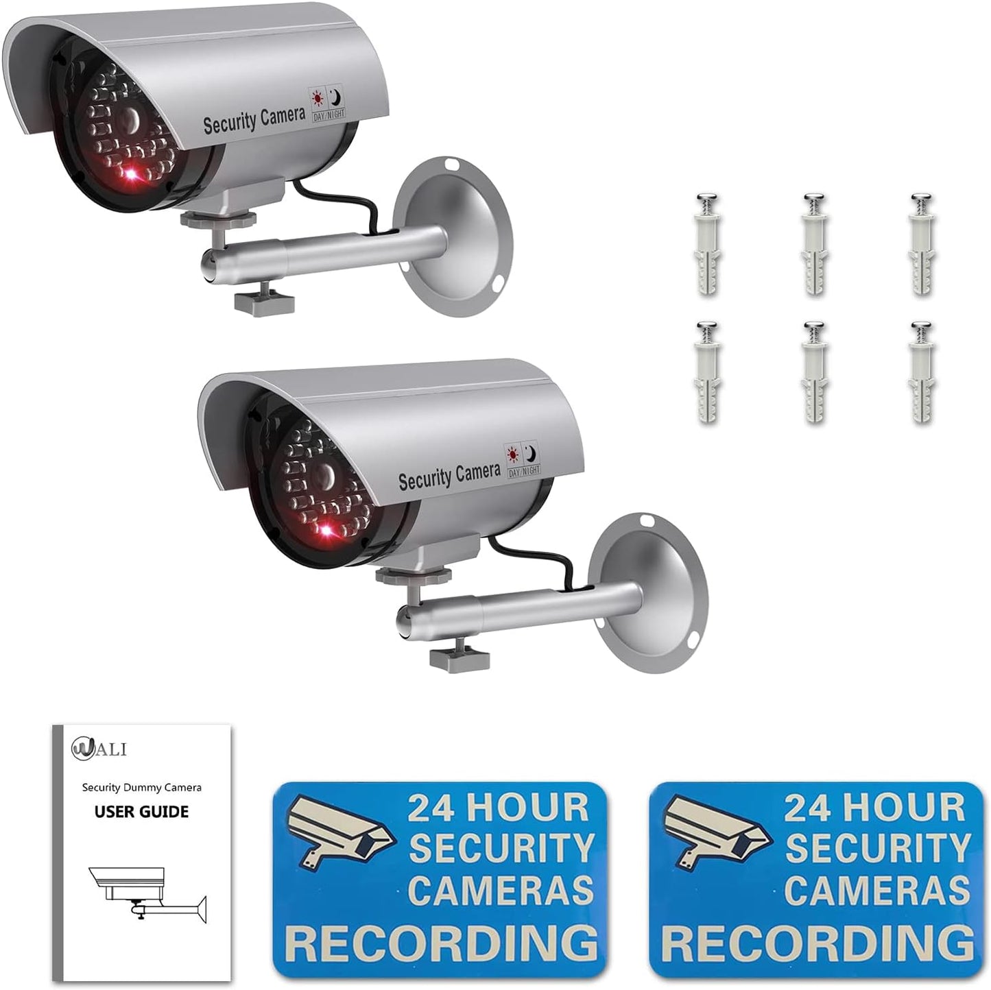 WALI Dummy Fake Camera, Surveillance Security CCTV Dome Camera, Indoor Outdoor Cameras, with One LED Light, Security Alert Sticker Decals (TC-S2), 2 Packs, Silver